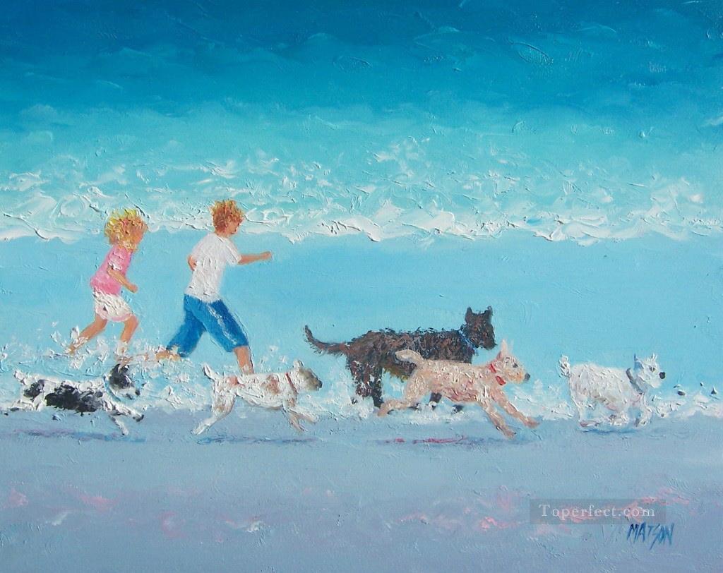 犬の日のビーチで子供の印象派油絵